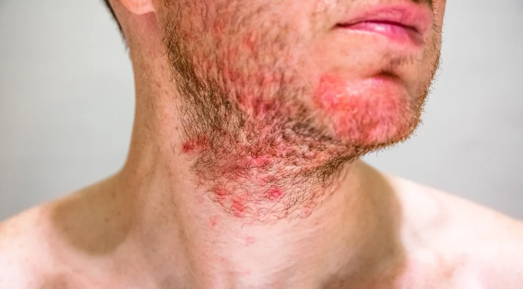 man with acne on his chin and neck